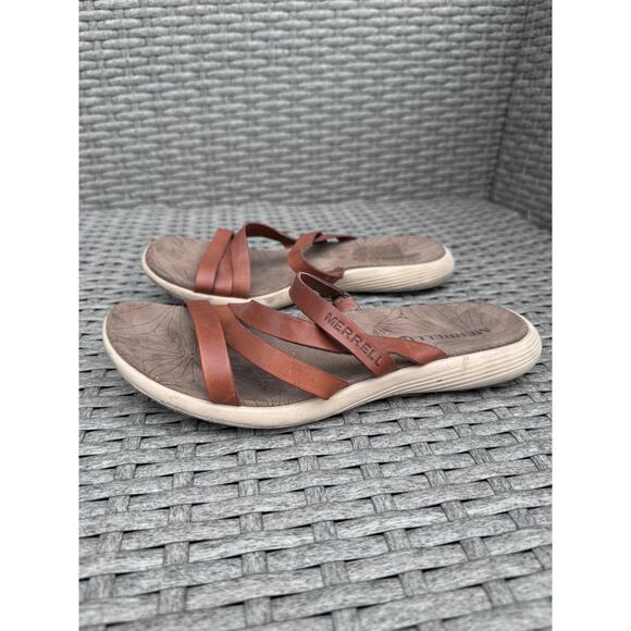 Merrell Duskair‎ Seaway Sandals Slide Open Toe Leather Oak Brown Womens Size 6 - Picture 1 of 9